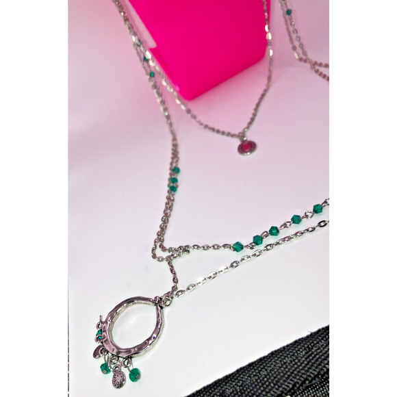 Green Crystal Silver-Tone Layered Chain 27" Necklace! - Picture 3 of 7